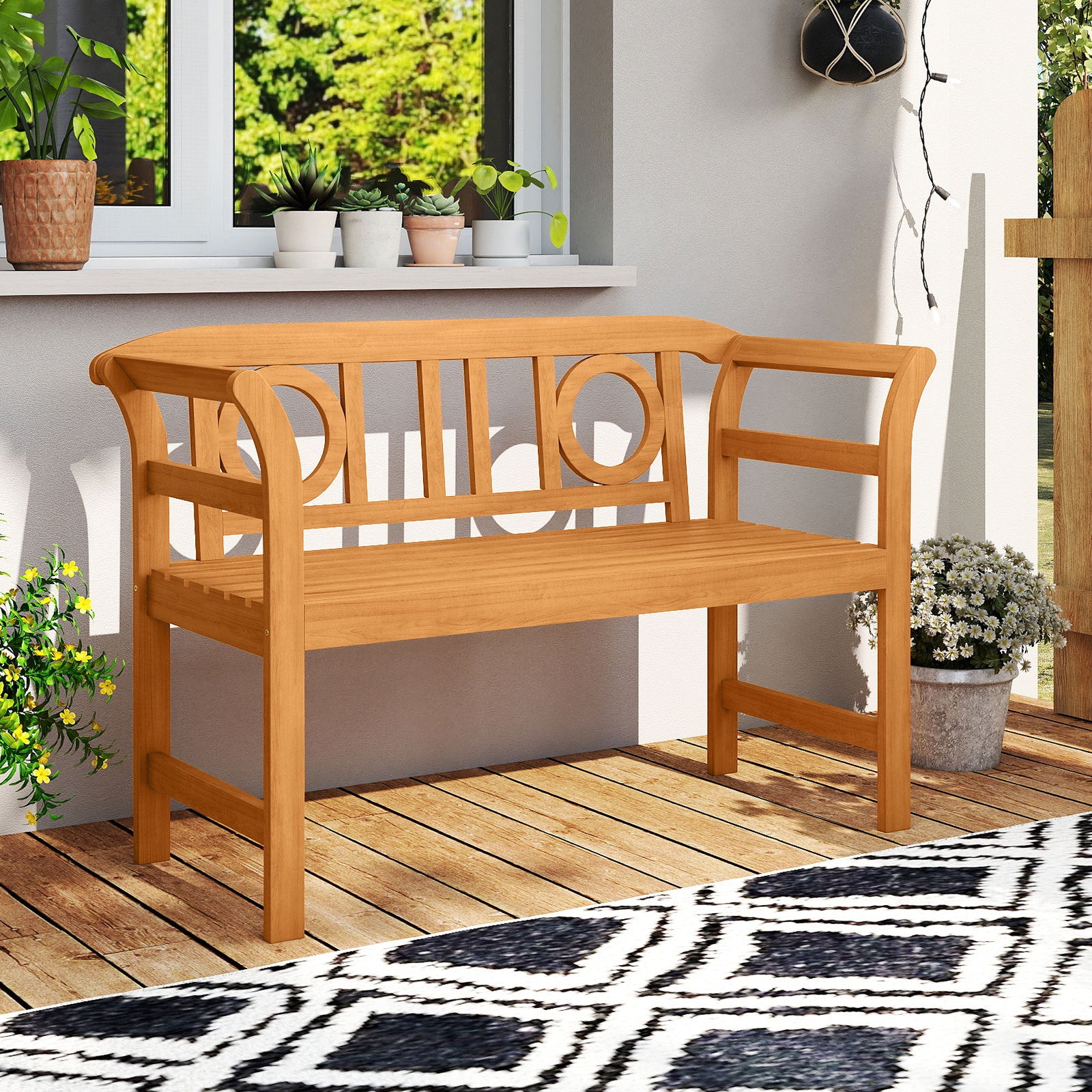 Outdoor Bench Acacia Wood 2-Person Patio Loveseat with Backrest for Porch
