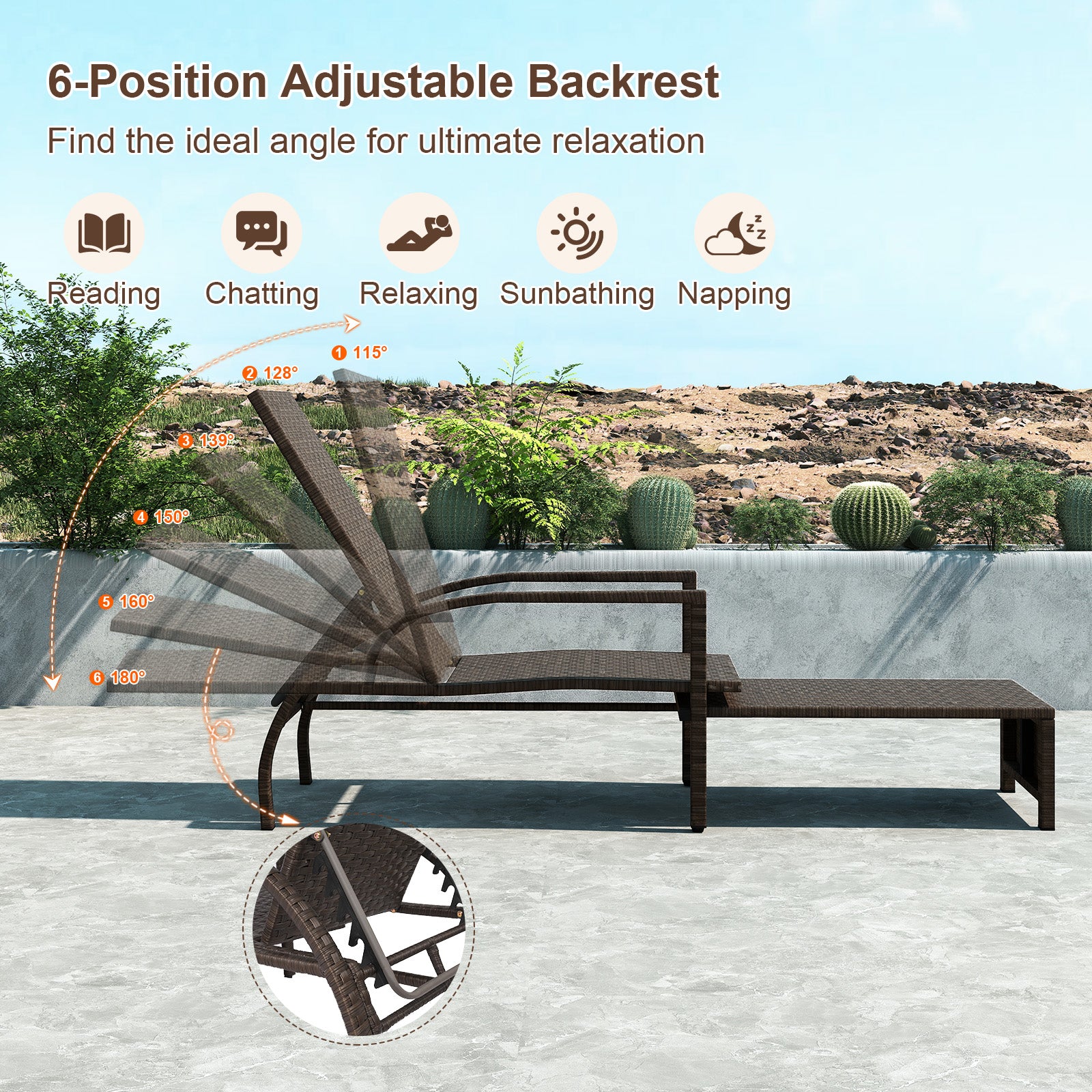 Outdoor Chaise Lounge Chair Patio Wicker Chaise Lounger with 6-Position Adjustable Backrest