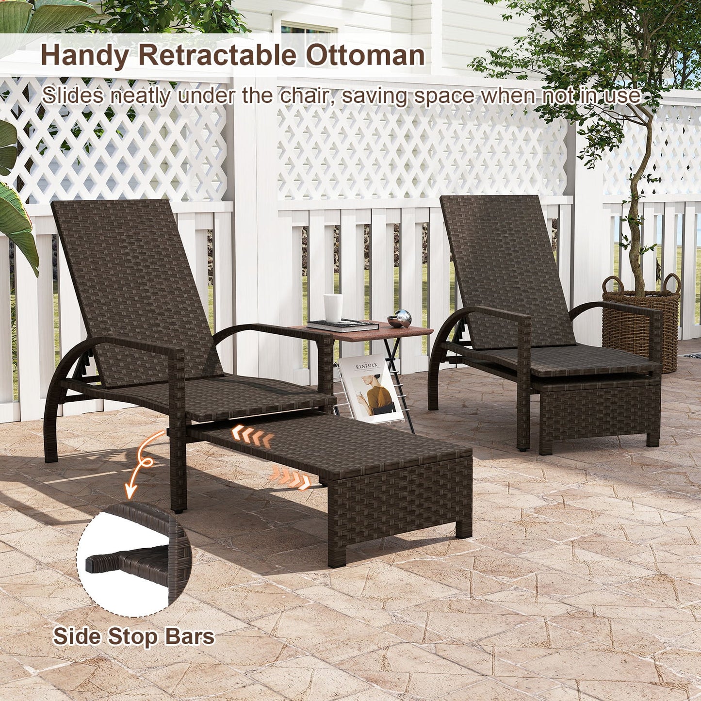 Outdoor Chaise Lounge Chair Patio Wicker Chaise Lounger with 6-Position Adjustable Backrest