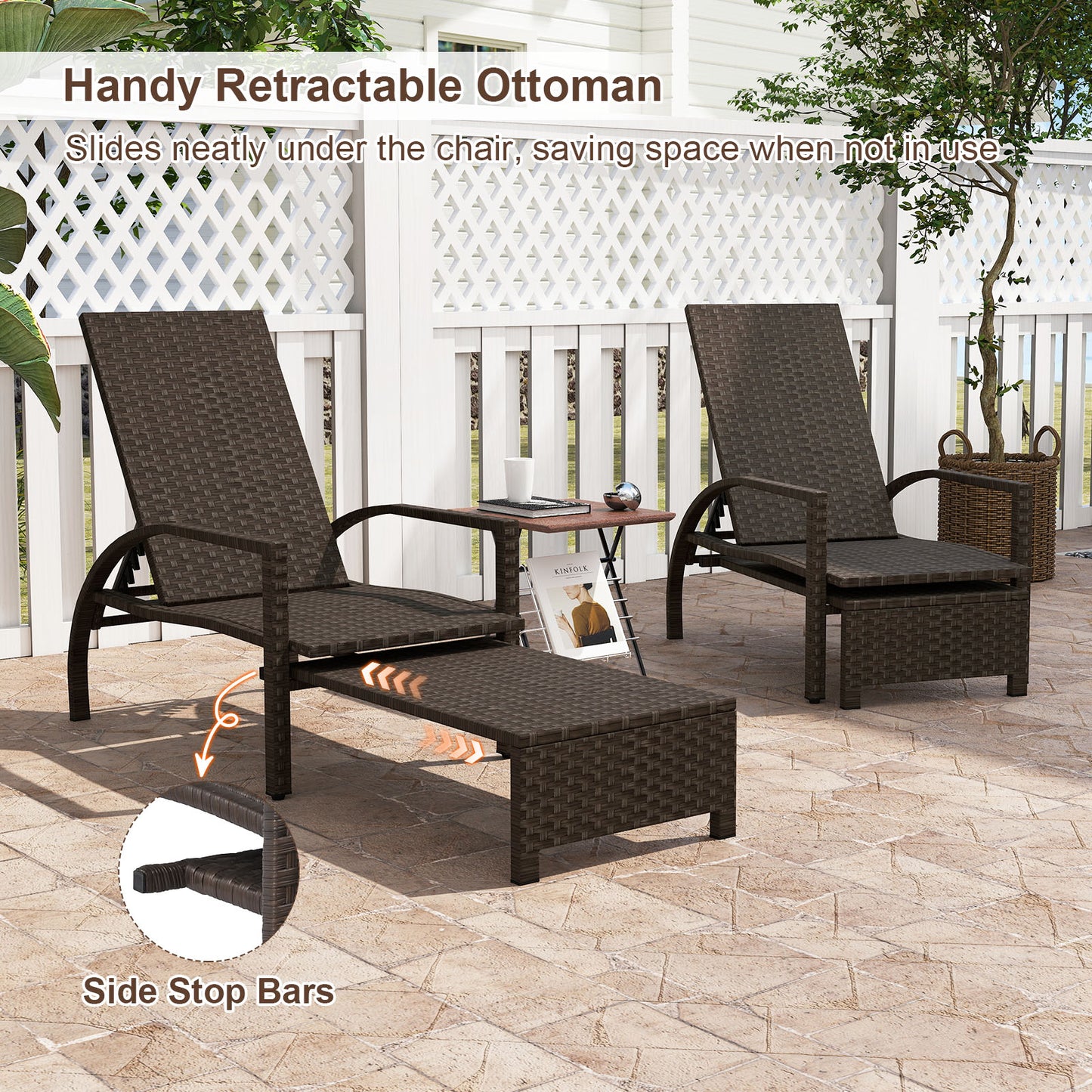 Outdoor Chaise Lounge Chair Patio Wicker Chaise Lounger with 6-Position Adjustable Backrest