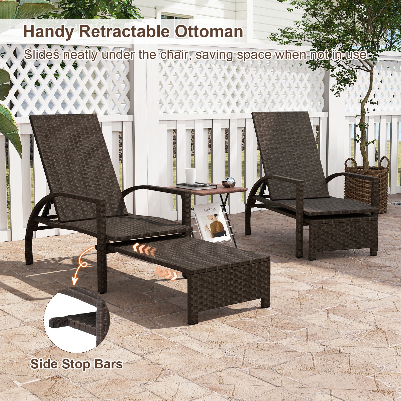Outdoor Chaise Lounge Chair Patio Wicker Chaise Lounger with 6-Position Adjustable Backrest