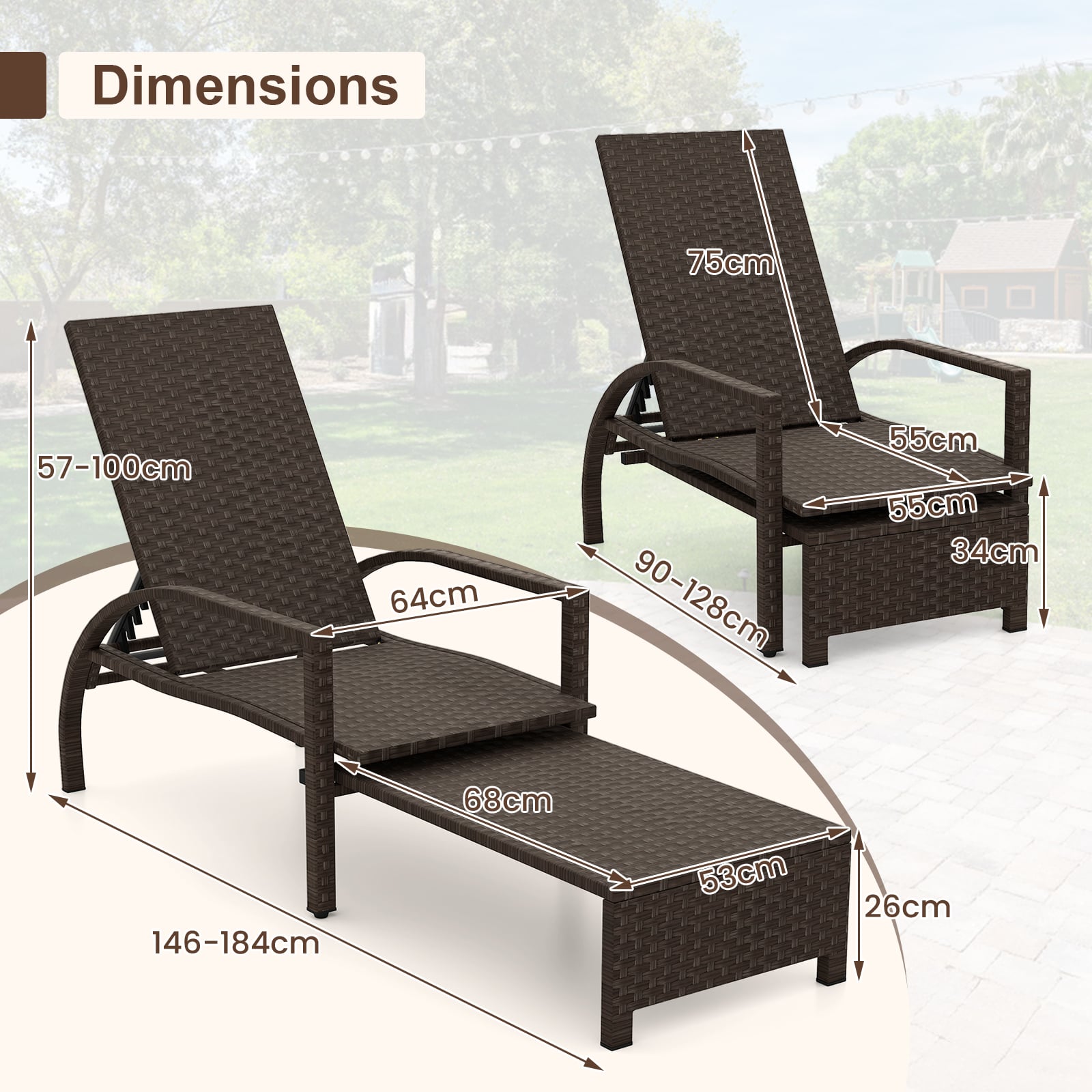 Outdoor Chaise Lounge Chair Patio Wicker Chaise Lounger with 6-Position Adjustable Backrest