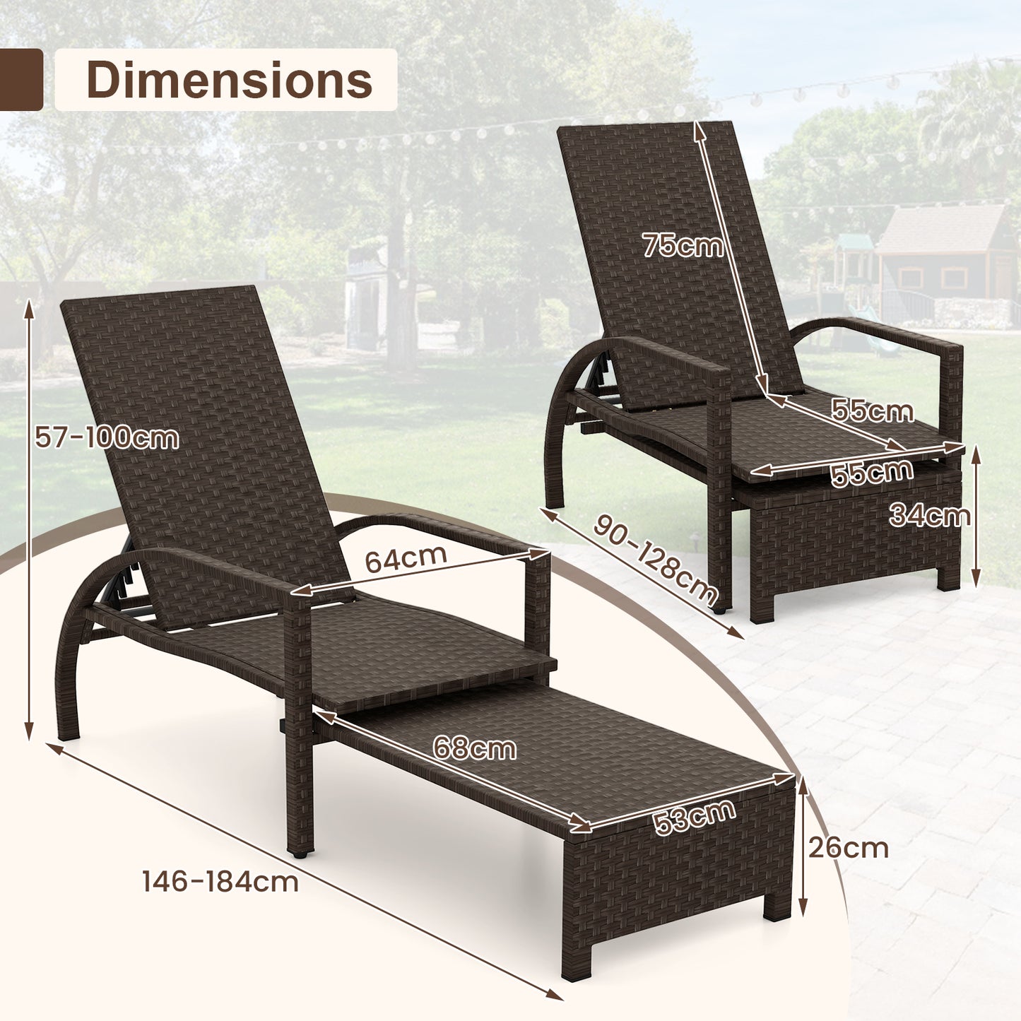 Outdoor Chaise Lounge Chair Patio Wicker Chaise Lounger with 6-Position Adjustable Backrest