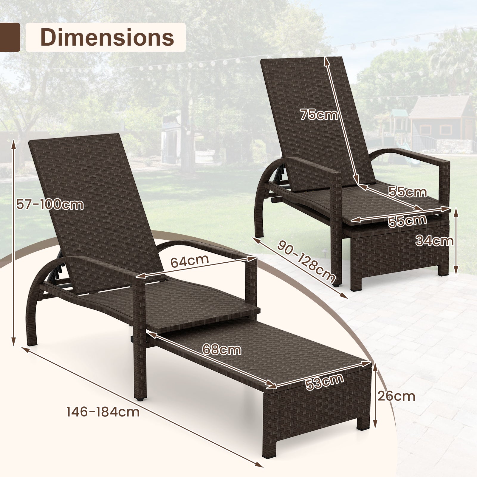 Outdoor Chaise Lounge Chair Patio Wicker Chaise Lounger with 6-Position Adjustable Backrest