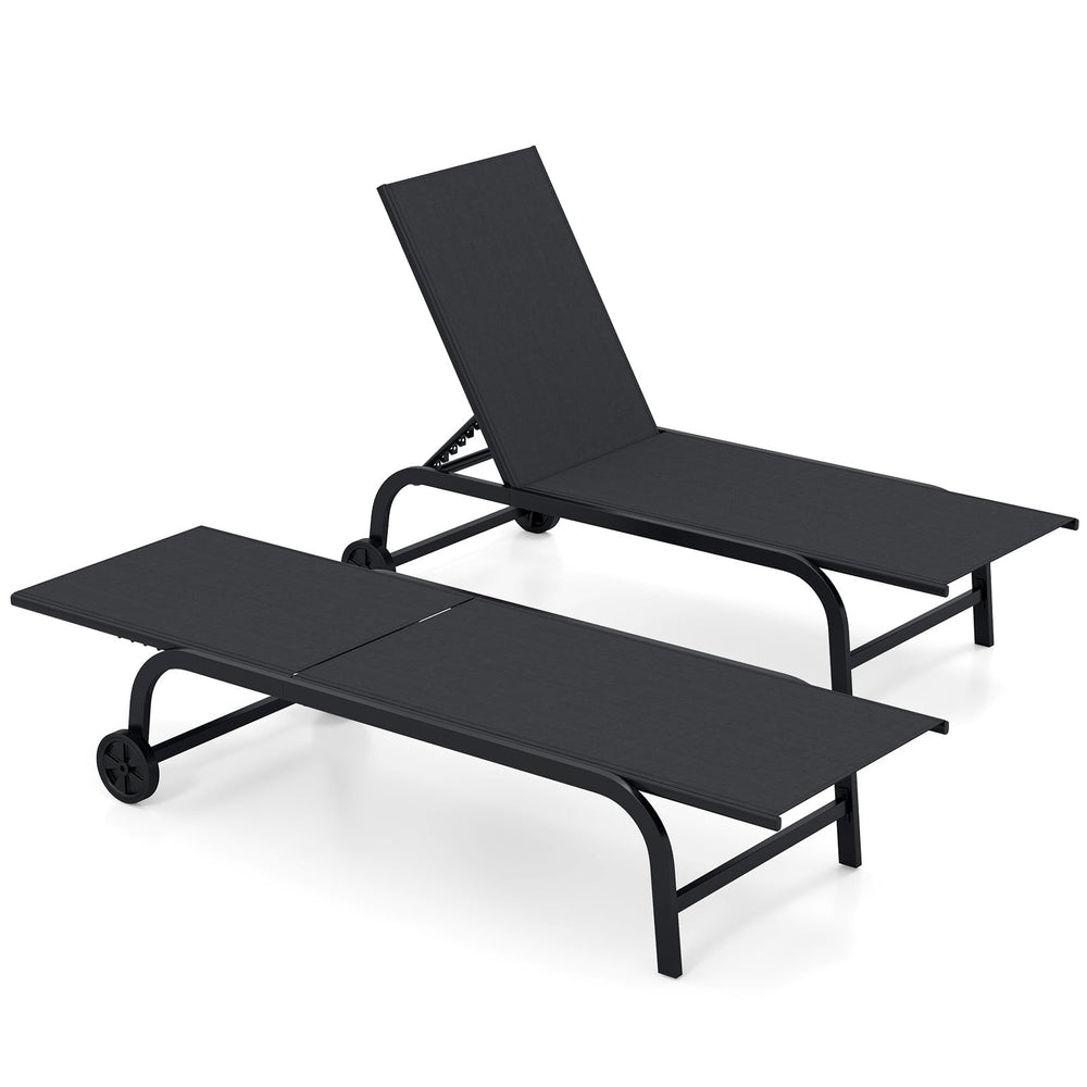 Outdoor Chaise Lounge Chair Set of 2 with Wheels 6-Position Recliner with 180° Full Flat-Black