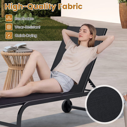 Outdoor Chaise Lounge Chair Set of 2 with Wheels 6-Position Recliner with 180° Full Flat-Black