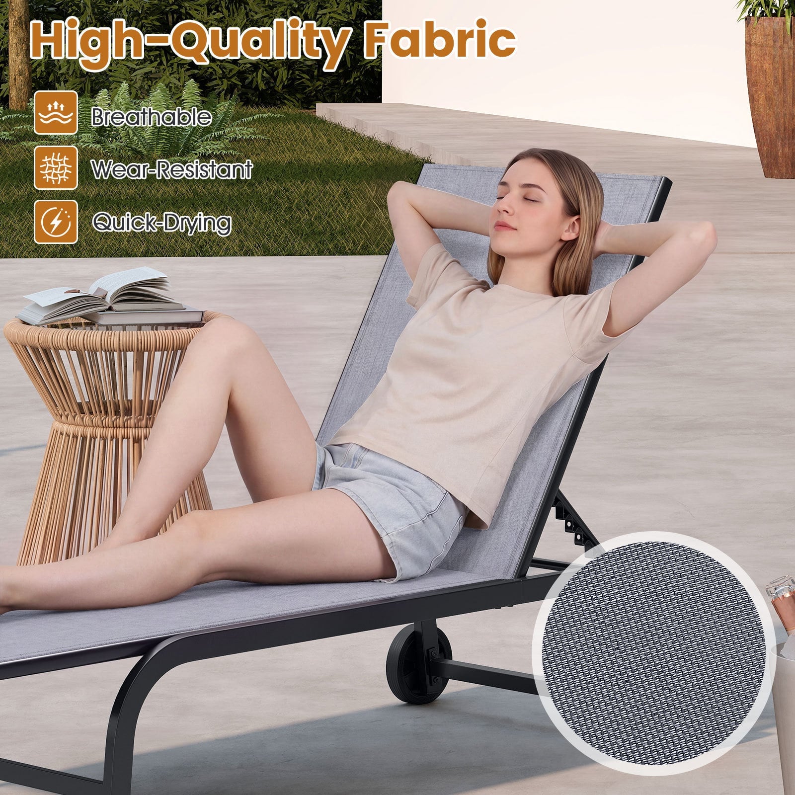 Outdoor Chaise Lounge Chair Set of 2 with Wheels 6-Position Recliner with 180° Full Flat-Grey