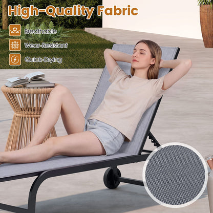 Outdoor Chaise Lounge Chair Set of 2 with Wheels 6-Position Recliner with 180° Full Flat-Grey
