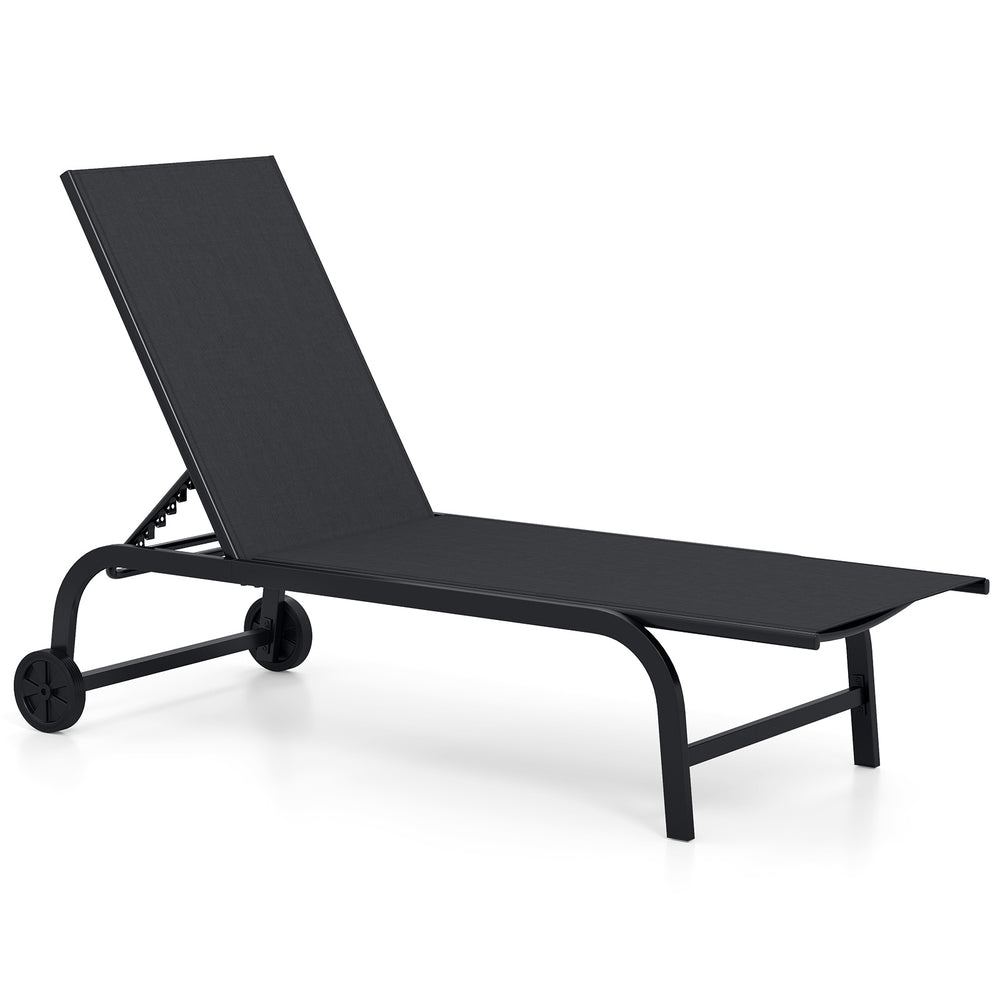 1 Piece Outdoor Chaise Lounge Chair with Wheels for Balcony Deck-Black