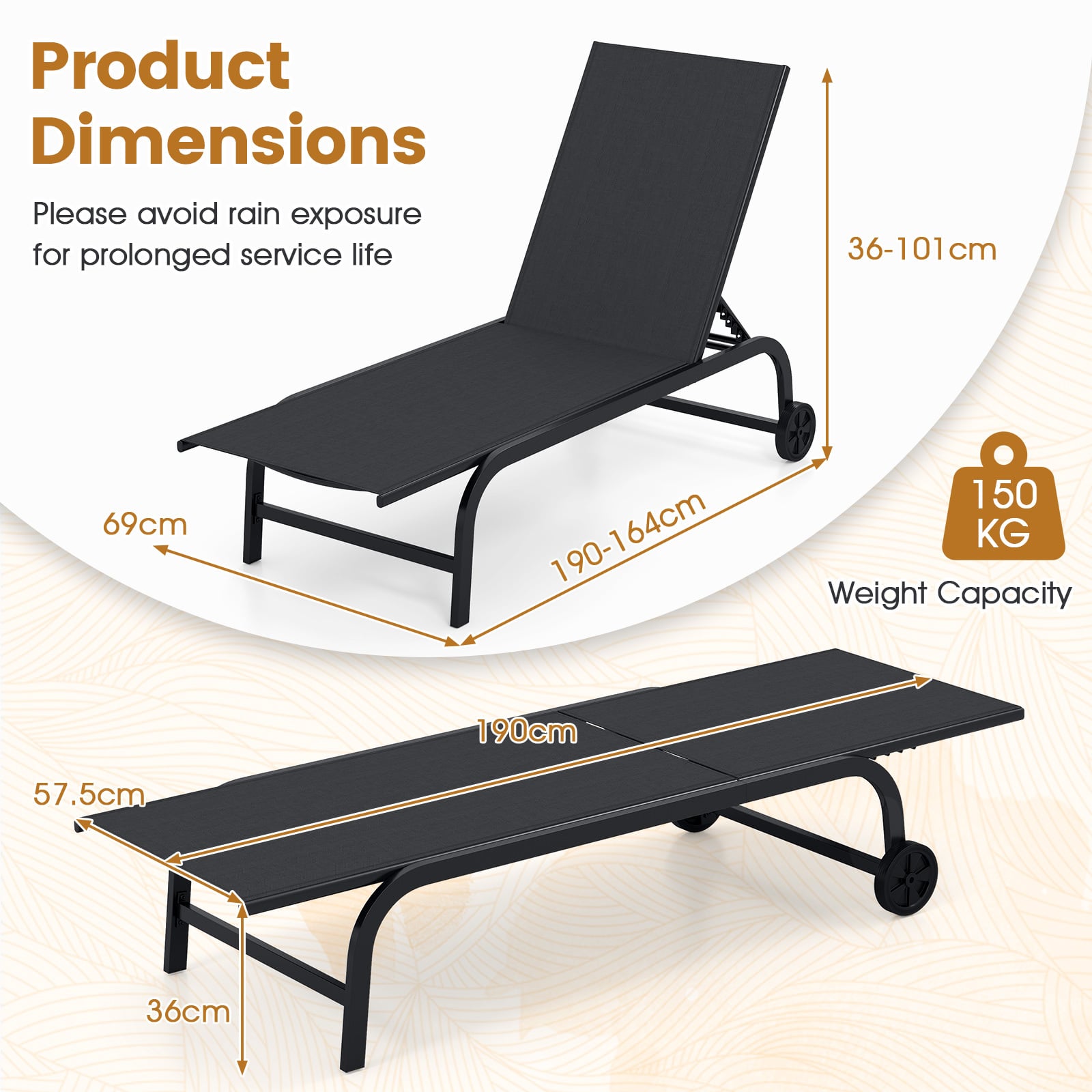 1 Piece Outdoor Chaise Lounge Chair with Wheels for Balcony Deck-Black