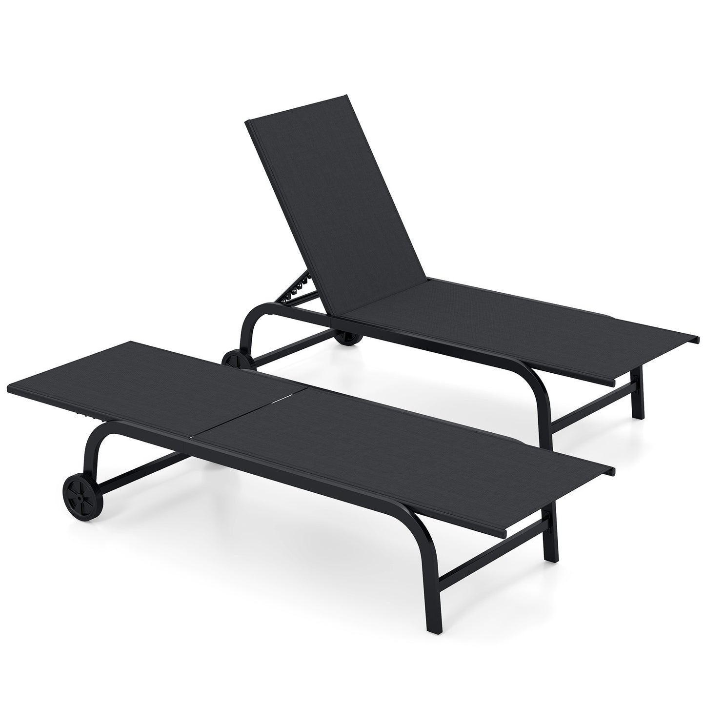 Outdoor Chaise Lounge Chair Set of 2 with Wheels and 180° Full Flat-Black