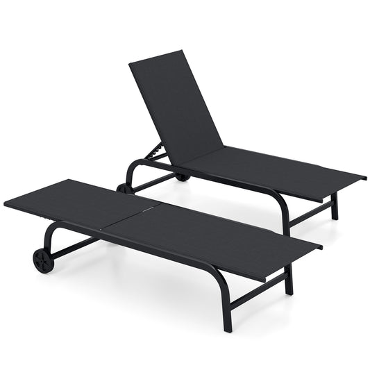Outdoor Chaise Lounge Chair Set of 2 with Wheels and 180° Full Flat-Black