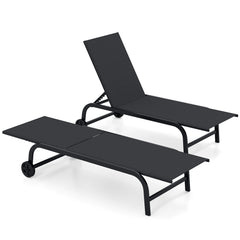 Outdoor Chaise Lounge Chair Set of 2 with Wheels and 180° Full Flat-Black
