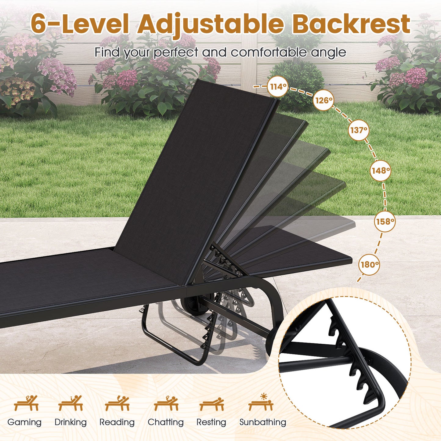 Outdoor Chaise Lounge Chair Set of 2 with Wheels and 180° Full Flat-Black