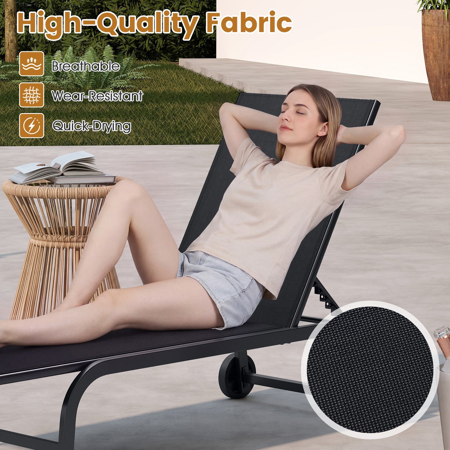 Outdoor Chaise Lounge Chair Set of 2 with Wheels and 180° Full Flat-Black