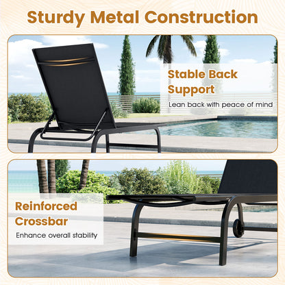 Outdoor Chaise Lounge Chair Set of 2 with Wheels and 180° Full Flat-Black