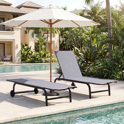 Outdoor Chaise Lounge Chair Set of 2 with Wheels and 180° Full Flat-Grey