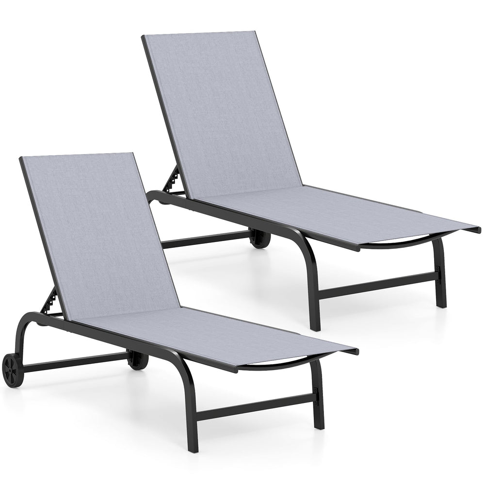 Outdoor Chaise Lounge Chair Set of 2 with Wheels and 180° Full Flat-Grey