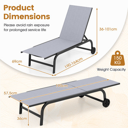 Outdoor Chaise Lounge Chair Set of 2 with Wheels and 180° Full Flat-Grey