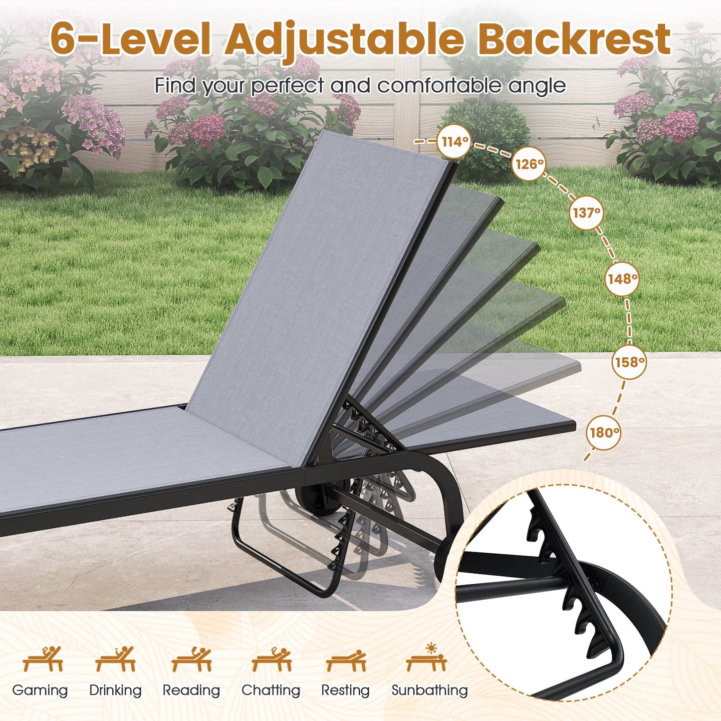 Outdoor Chaise Lounge Chair Set of 2 with Wheels and 180° Full Flat-Grey