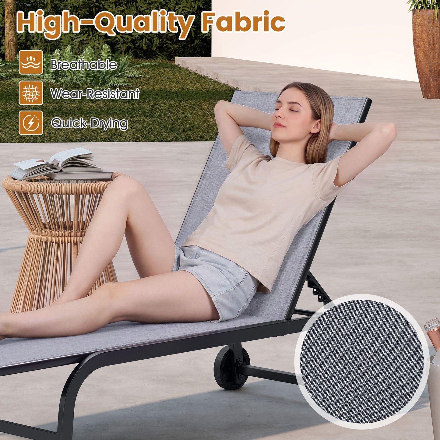 Outdoor Chaise Lounge Chair Set of 2 with Wheels and 180° Full Flat-Grey