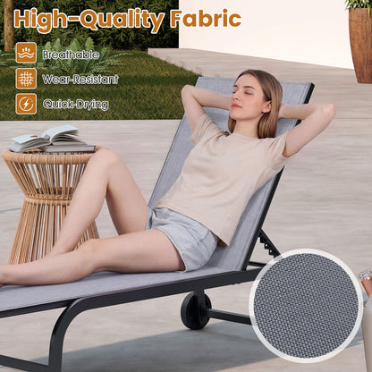 Outdoor Chaise Lounge Chair Set of 2 with Wheels and 180° Full Flat-Grey