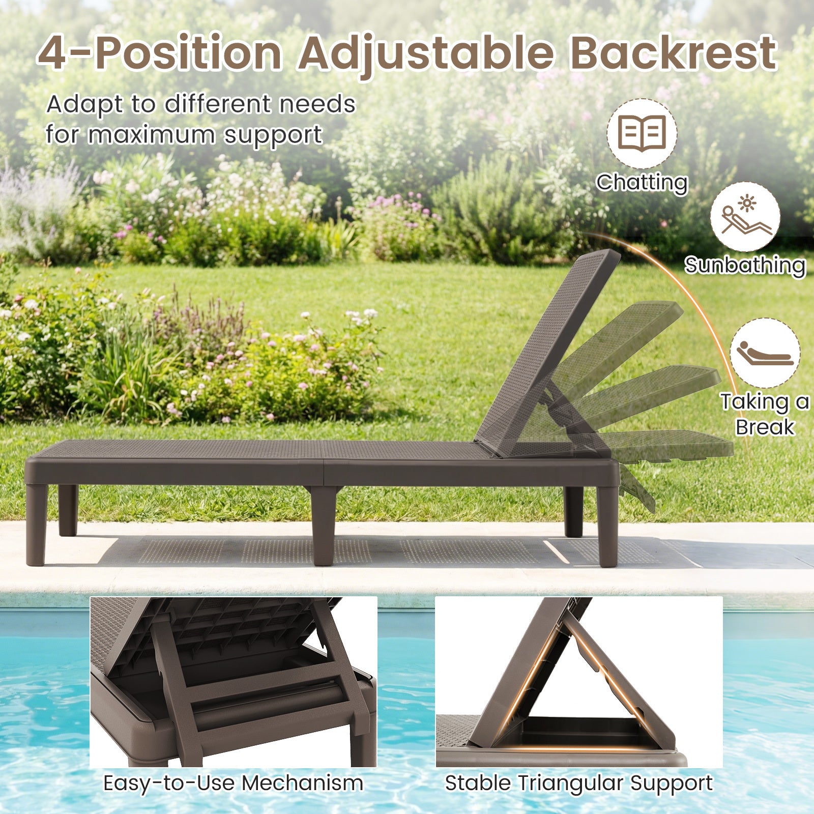 Outdoor Chaise Lounger Chair 4-Position Reclining Chair with Waterproof Rattan Textured PP Surface-Brown