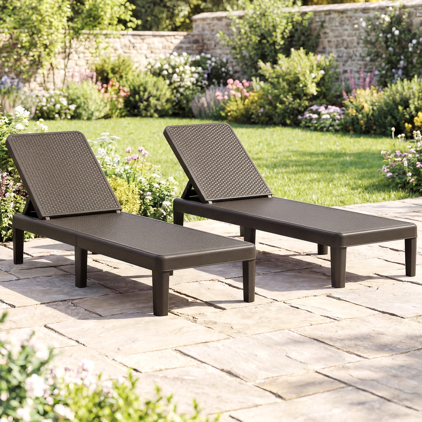 Outdoor Chaise Lounger Chair 4-Position Reclining Chair with Waterproof Rattan Textured PP Surface-Brown