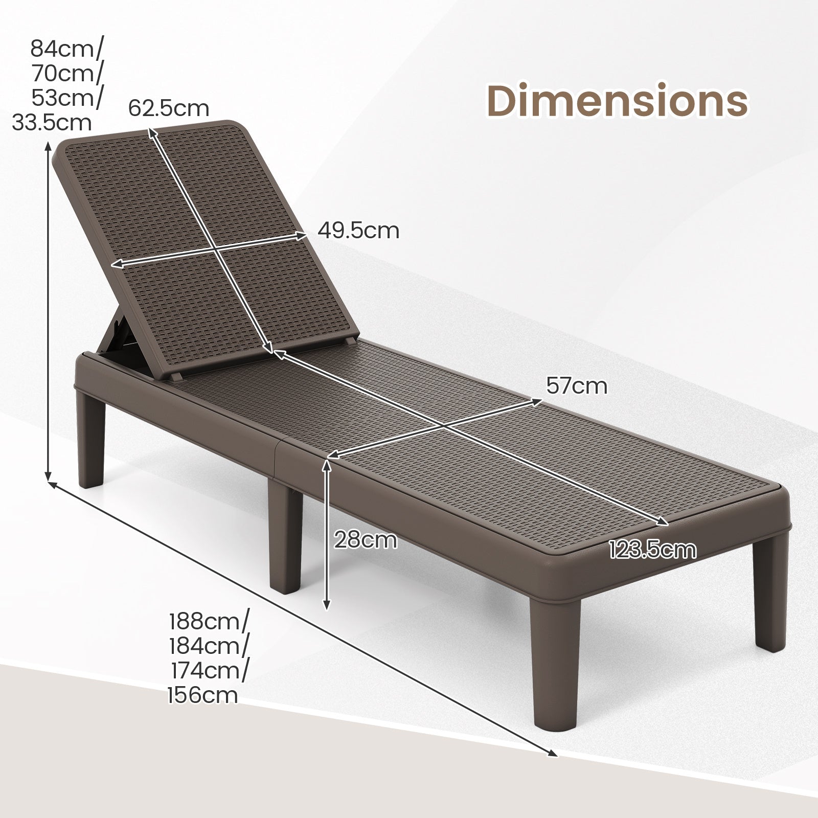 Outdoor Chaise Lounger Chair 4-Position Reclining Chair with Waterproof Rattan Textured PP Surface-Brown