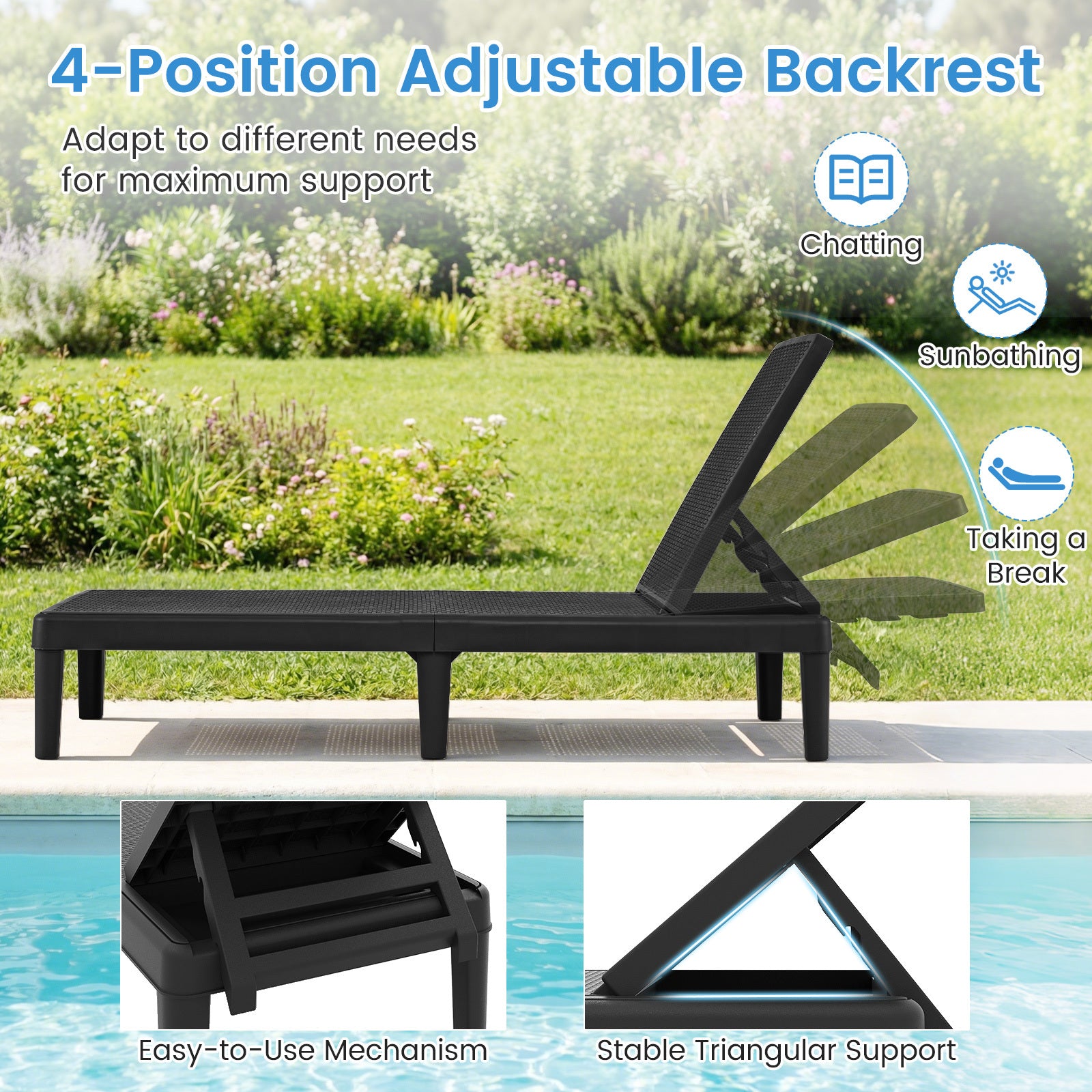 Outdoor Chaise Lounger Chair 4-Position Reclining Chair with Waterproof Rattan Textured PP Surface-Black