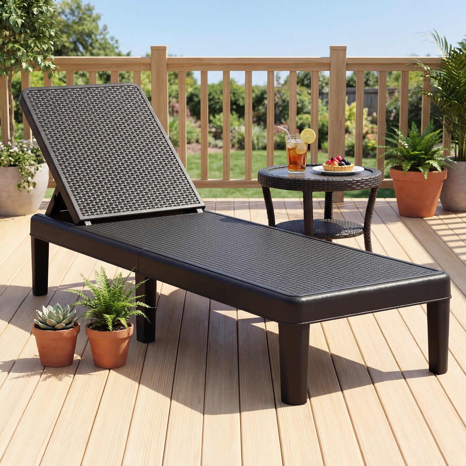 Outdoor Chaise Lounger Chair 4-Position Reclining Chair with Waterproof Rattan Textured PP Surface-Black