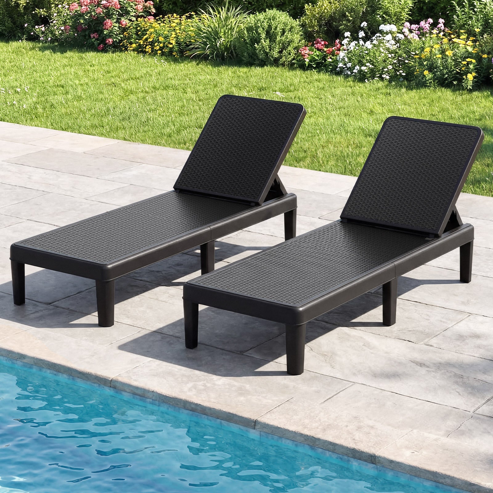 Outdoor Chaise Lounger Chair 4-Position Reclining Chair with Waterproof Rattan Textured PP Surface-Black