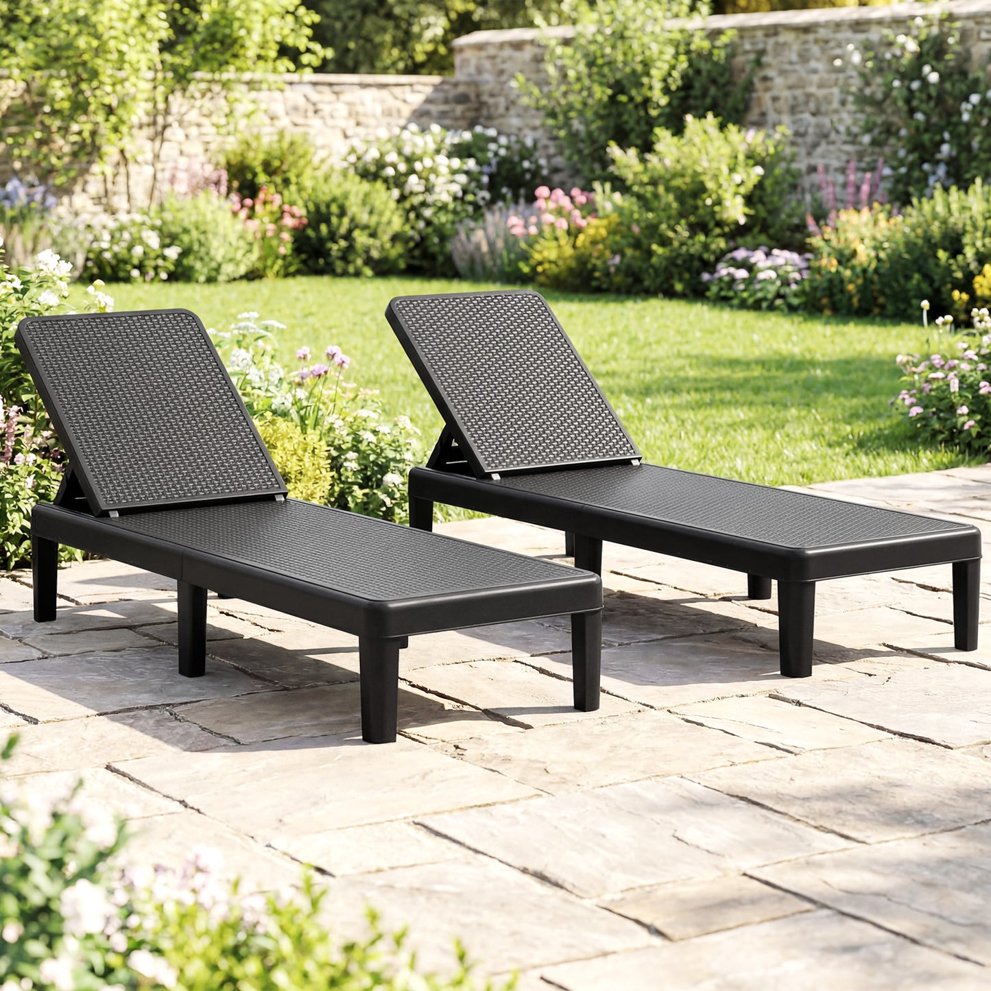 Outdoor Chaise Lounger Chair 4-Position Reclining Chair with Waterproof Rattan Textured PP Surface-Black