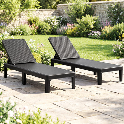Outdoor Chaise Lounger Chair 4-Position Reclining Chair with Waterproof Rattan Textured PP Surface-Black