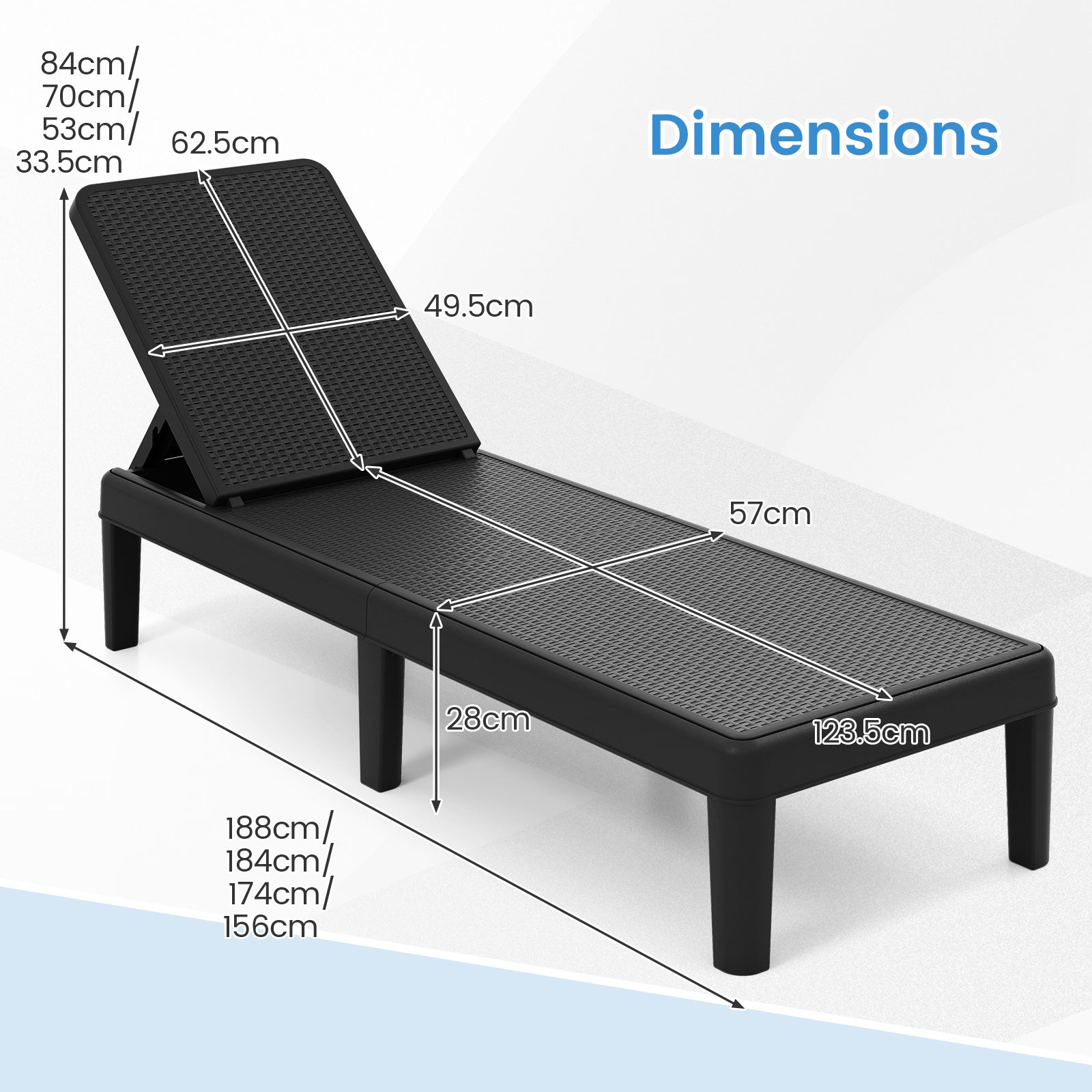 Outdoor Chaise Lounger Chair 4-Position Reclining Chair with Waterproof Rattan Textured PP Surface-Black