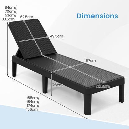 Outdoor Chaise Lounger Chair 4-Position Reclining Chair with Waterproof Rattan Textured PP Surface-Black