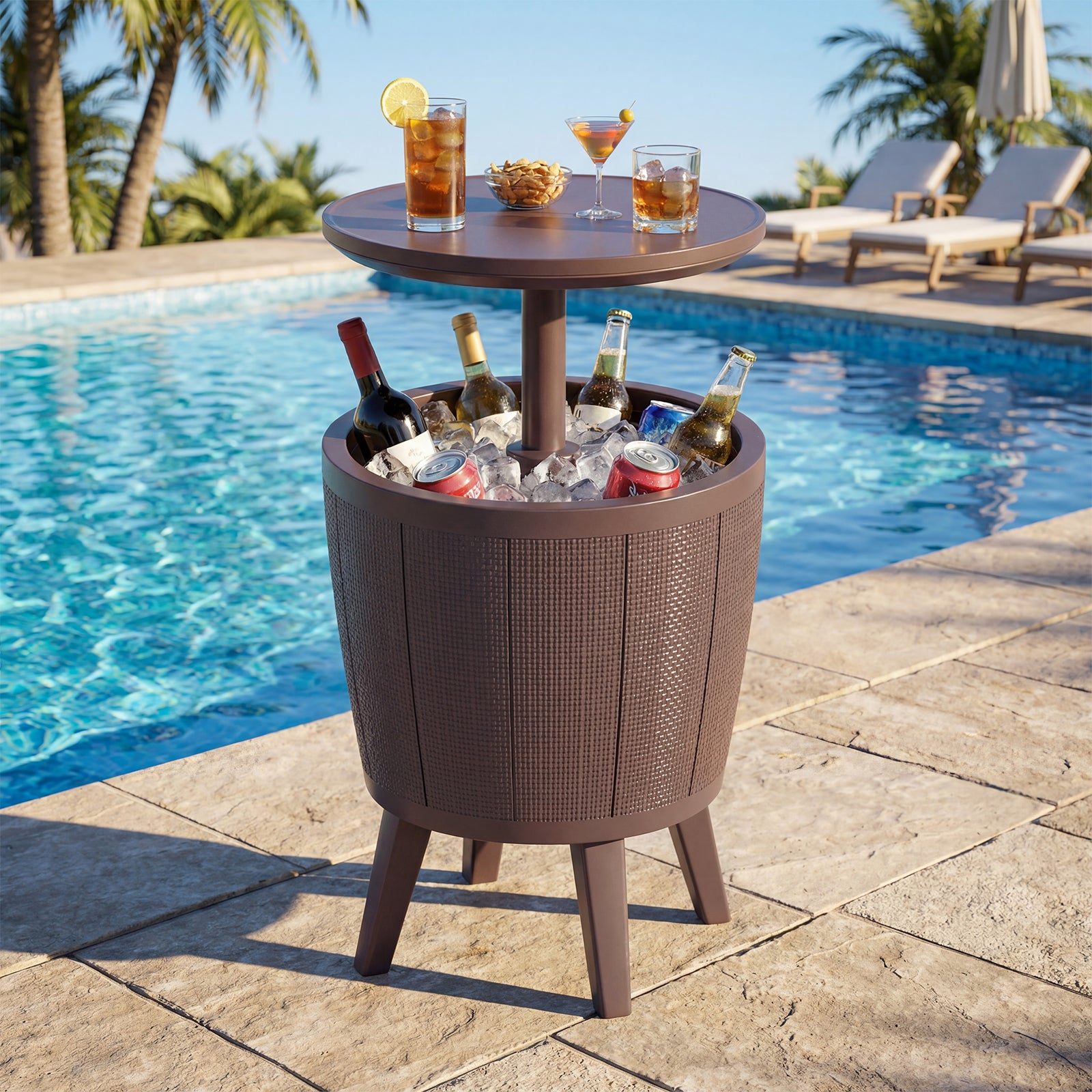 Outdoor Cool Cocktail Bar Table 38L Beer and Wine Cooler with Lift-Top-Brown