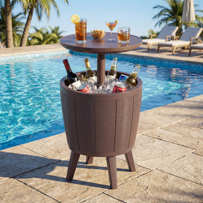 Outdoor Cool Cocktail Bar Table 38L Beer and Wine Cooler with Lift-Top-Brown