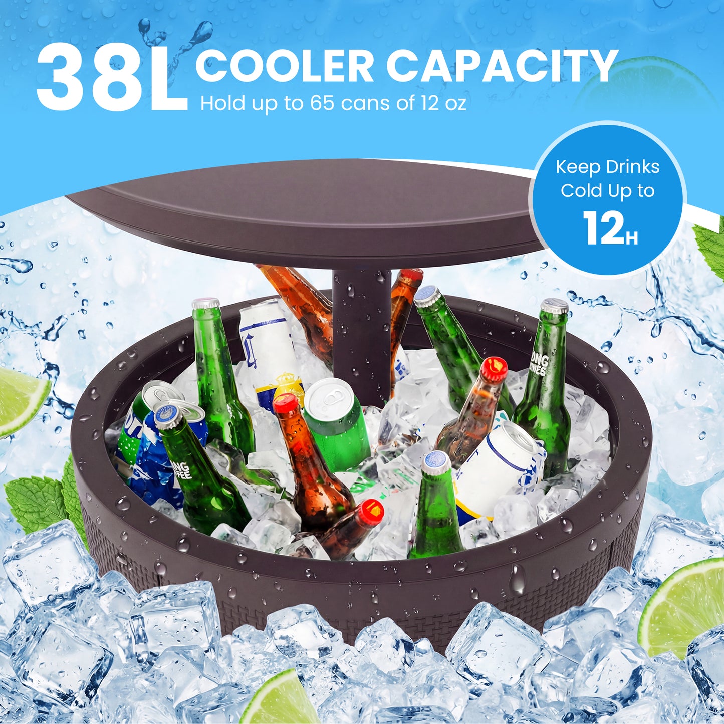 Outdoor Cool Cocktail Bar Table 38L Beer and Wine Cooler with Lift-Top-Brown