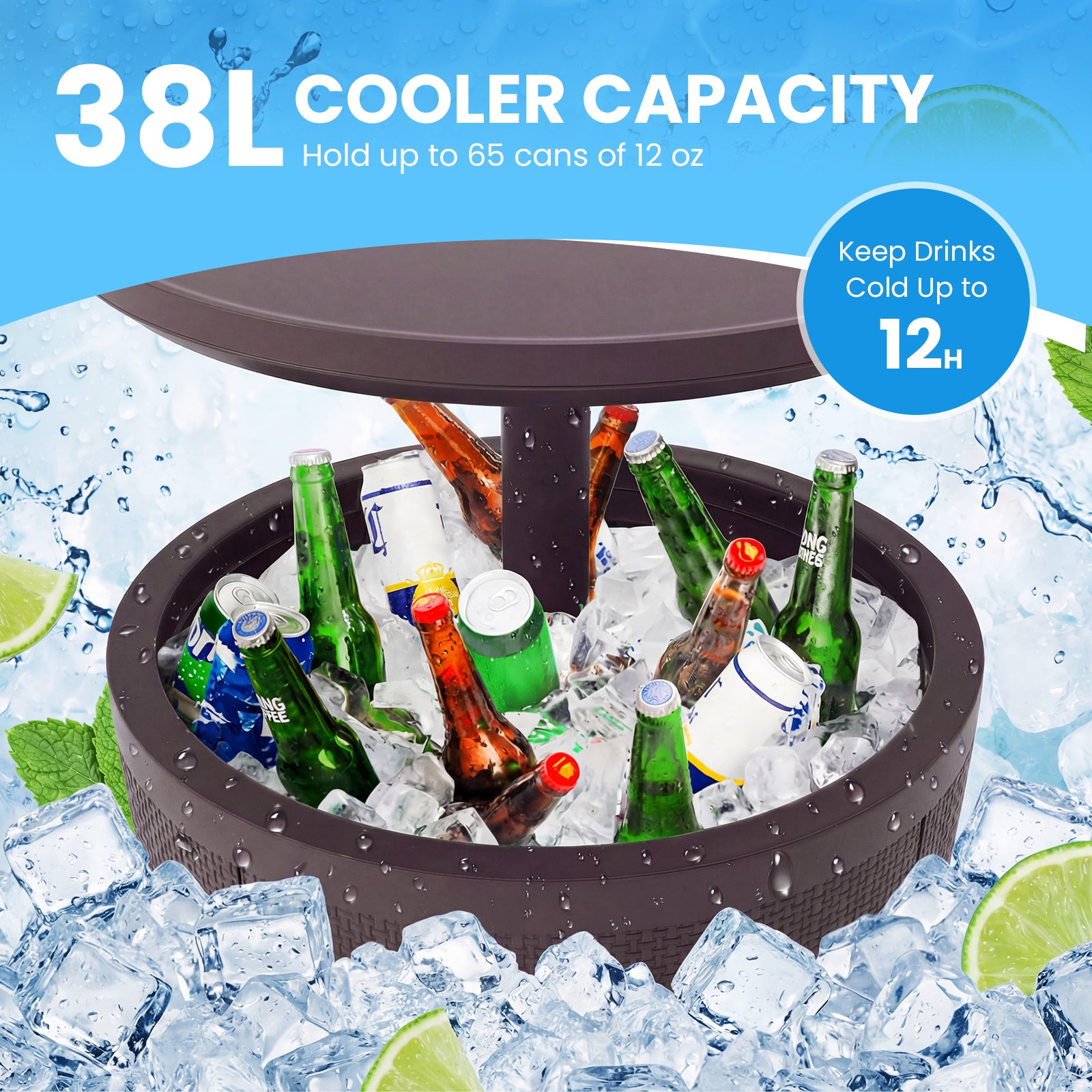 Outdoor Cool Cocktail Bar Table 38L Beer and Wine Cooler with Lift-Top-Brown