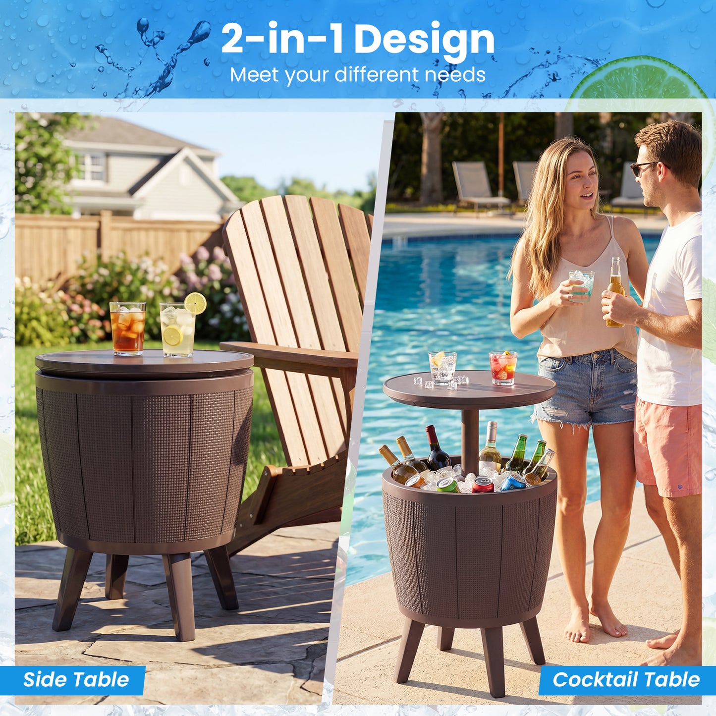 Outdoor Cool Cocktail Bar Table 38L Beer and Wine Cooler with Lift-Top-Brown