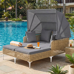 Outdoor Daybed with Retractable Canopy and Soft Pillows-Grey