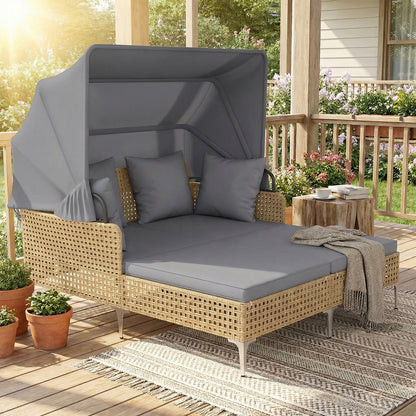 Outdoor Daybed with Retractable Canopy and Soft Pillows-Grey