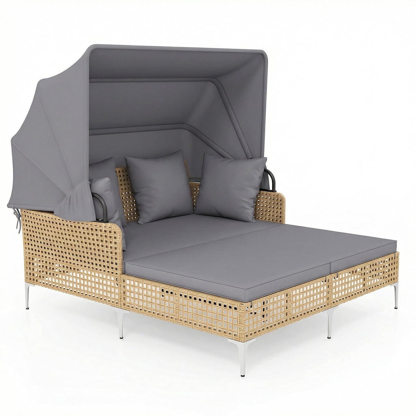 Outdoor Daybed with Retractable Canopy and Soft Pillows-Grey