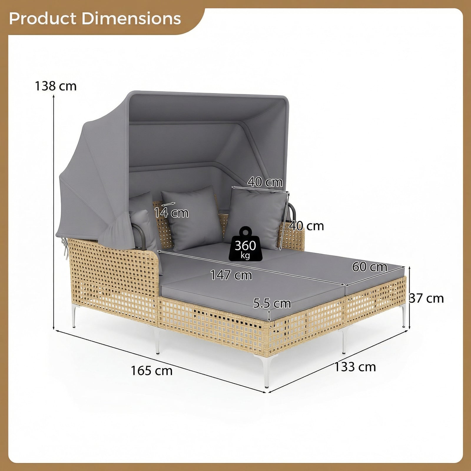 Outdoor Daybed with Retractable Canopy and Soft Pillows-Grey