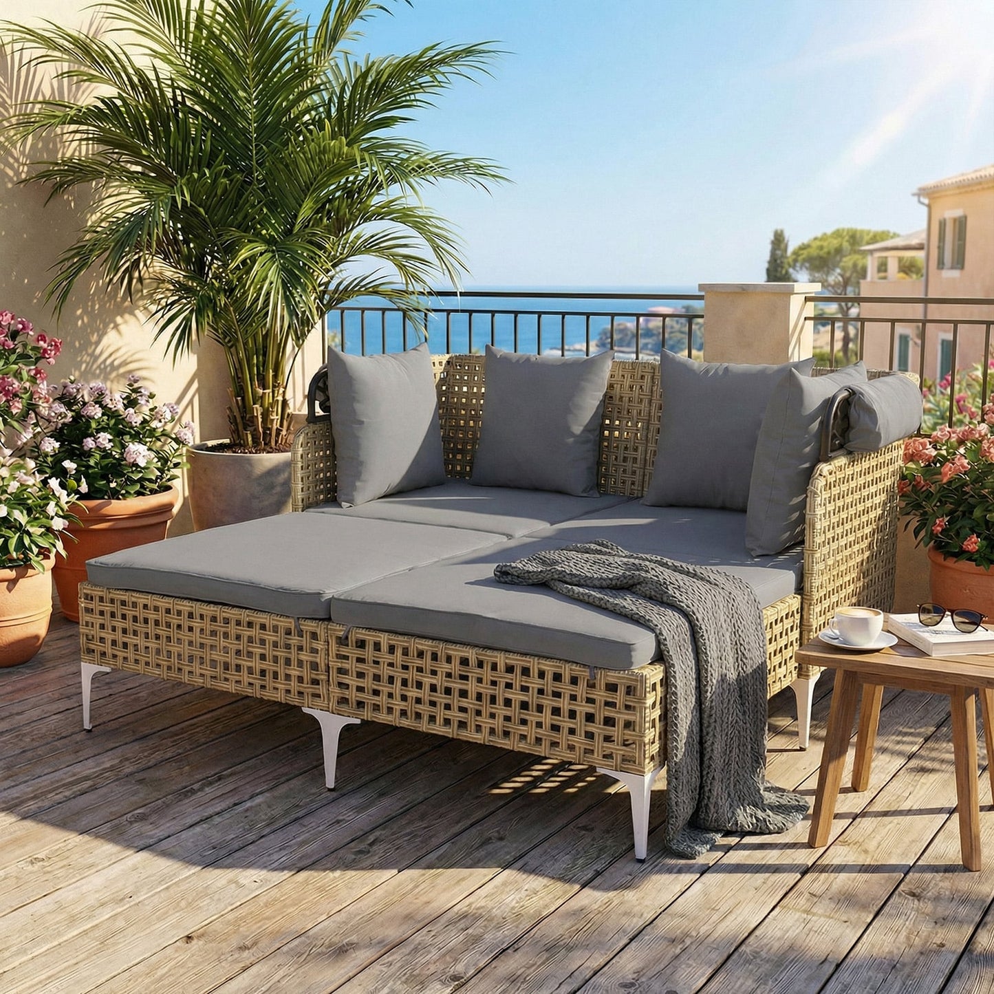 Outdoor Daybed with Retractable Canopy and Soft Pillows-Grey