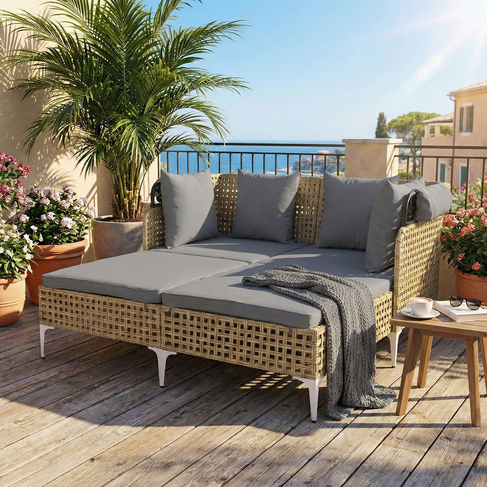 Outdoor Daybed with Retractable Canopy and Soft Pillows-Grey