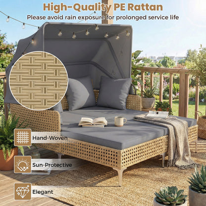 Outdoor Daybed with Retractable Canopy and Soft Pillows-Grey
