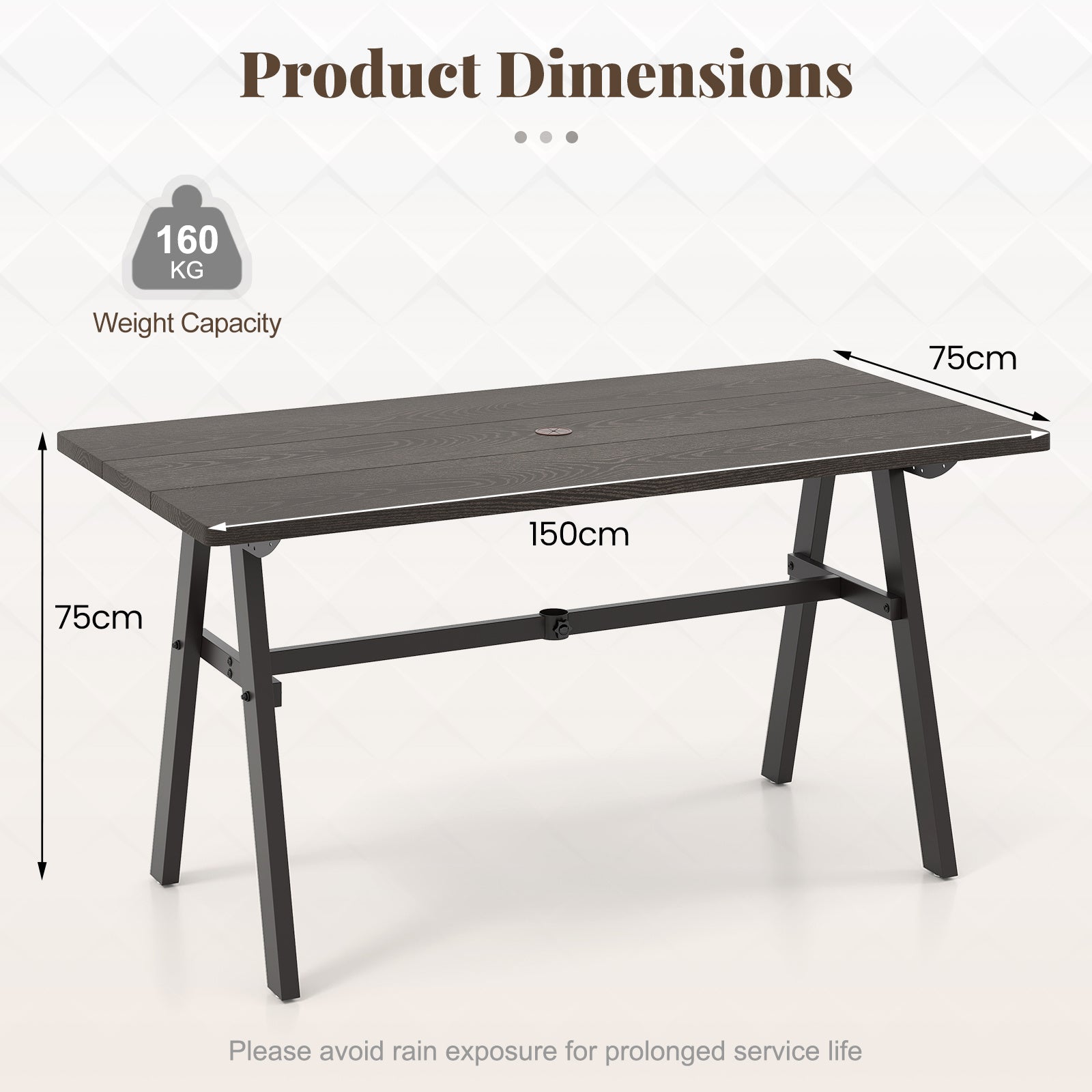 Outdoor Dining Tale for 6 with 4.9 cm Umbrella Hole for Deck-Dark Brown
