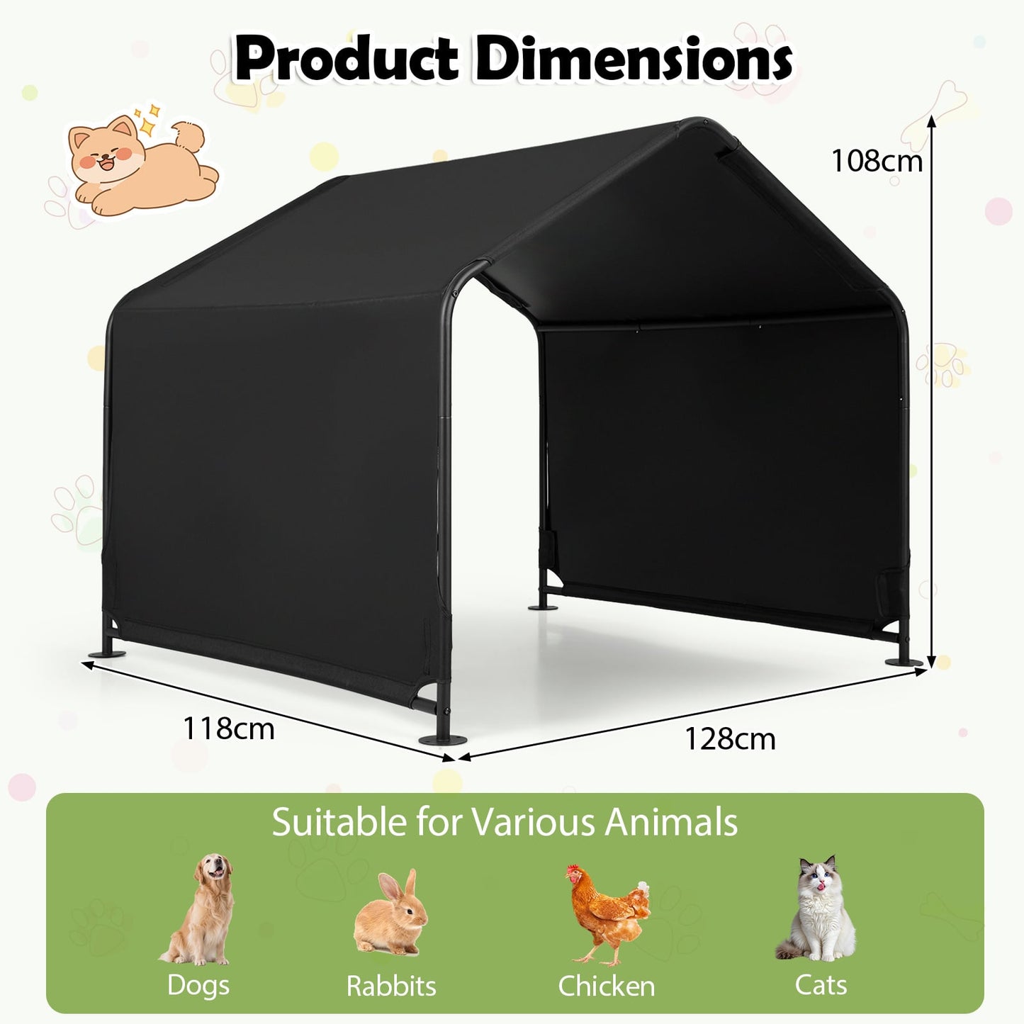 Outdoor Dog Shade Shelter for Large Medium Small Breeds Dog Tent Canopy-Black